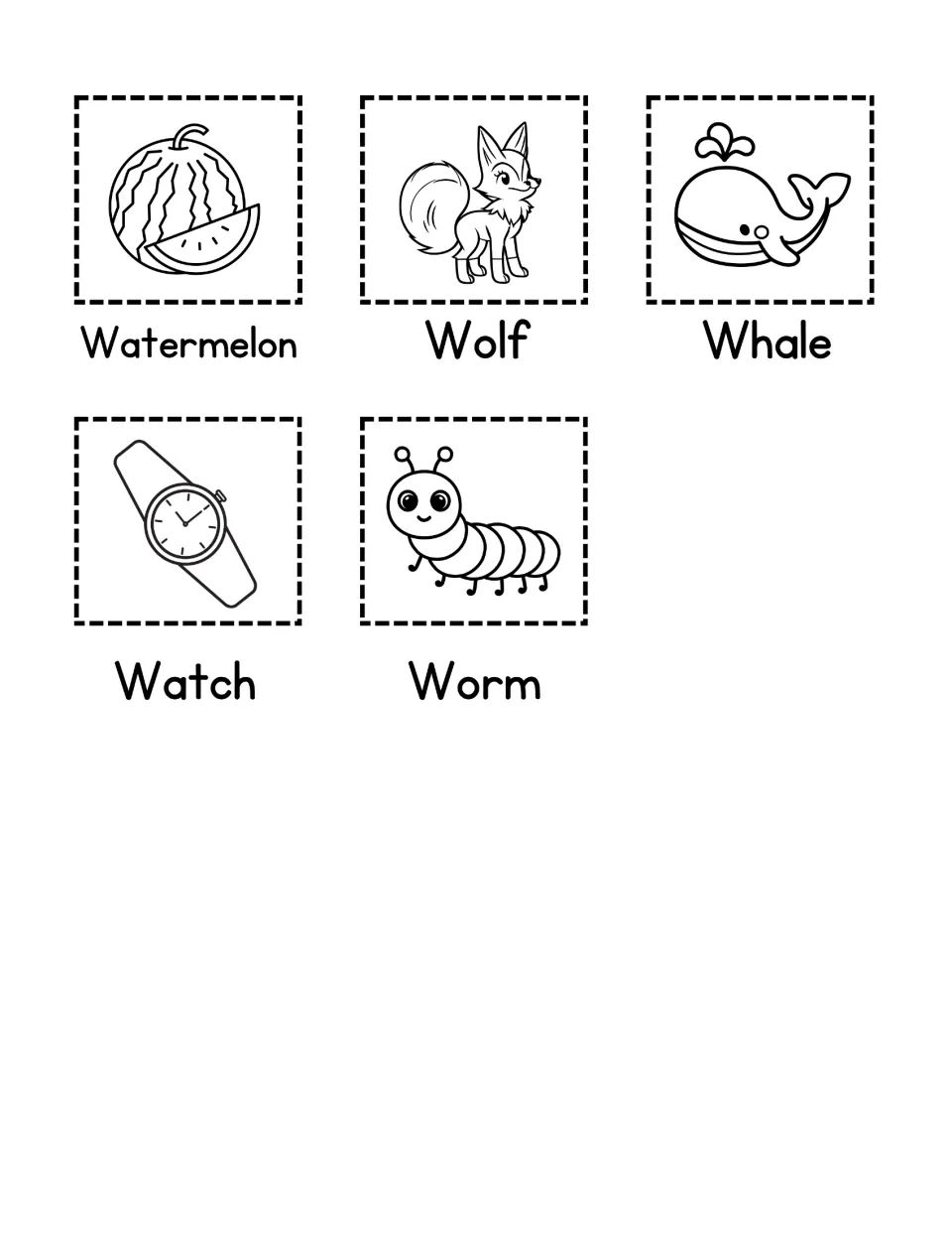 W picture cut-outs: students cut out five labeled pictures, Watermelon, Wolf, Whale, Watch and Worm, to sort or glue