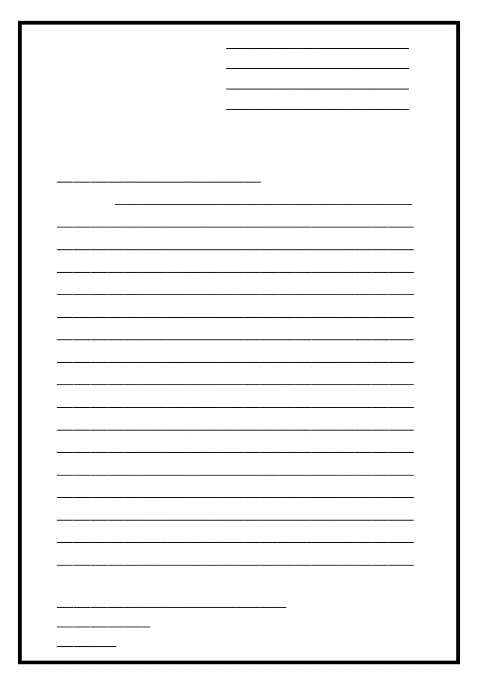 Unlabeled letter format: students write an address at top right, a greeting, an indented body, then a closing and signature