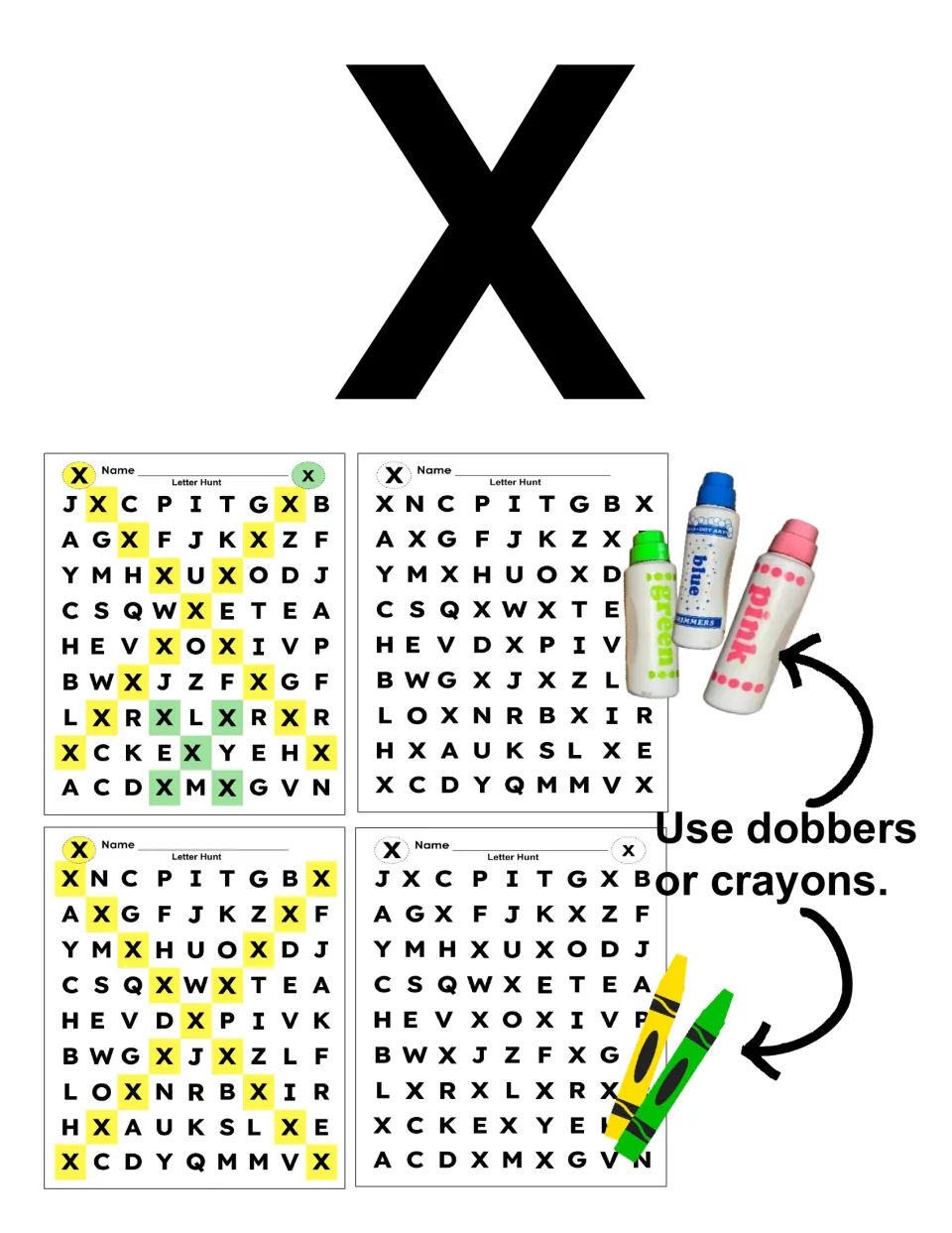 Letter X cover: a large X above four Letter Hunt grid previews, with a note to mark each X using dobbers or crayons