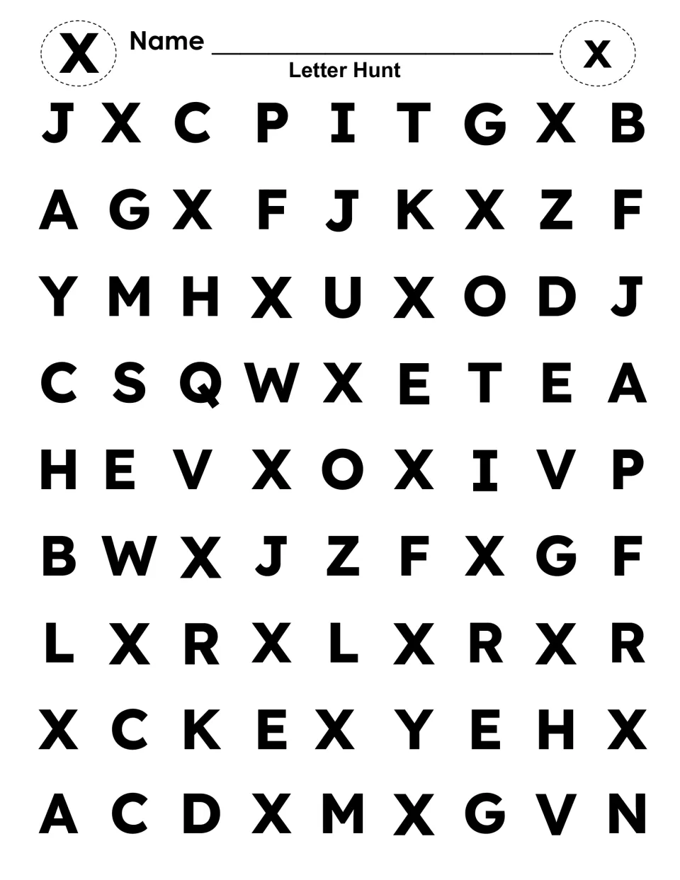 Letter Hunt for X: students find and mark every X hidden among 81 mixed capital letters, practicing letter recognition
