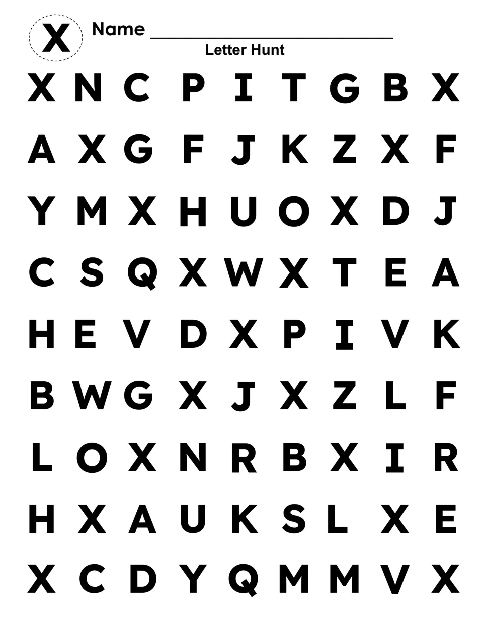 Second X letter hunt: students search a new mix of capital letters and dab each X they find, practicing visual scanning