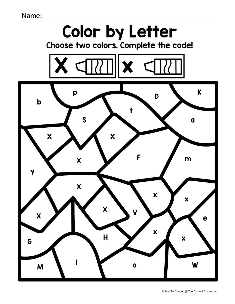 Letter X color-by-code worksheet featuring uppercase and lowercase X shapes and a two-color X and x key