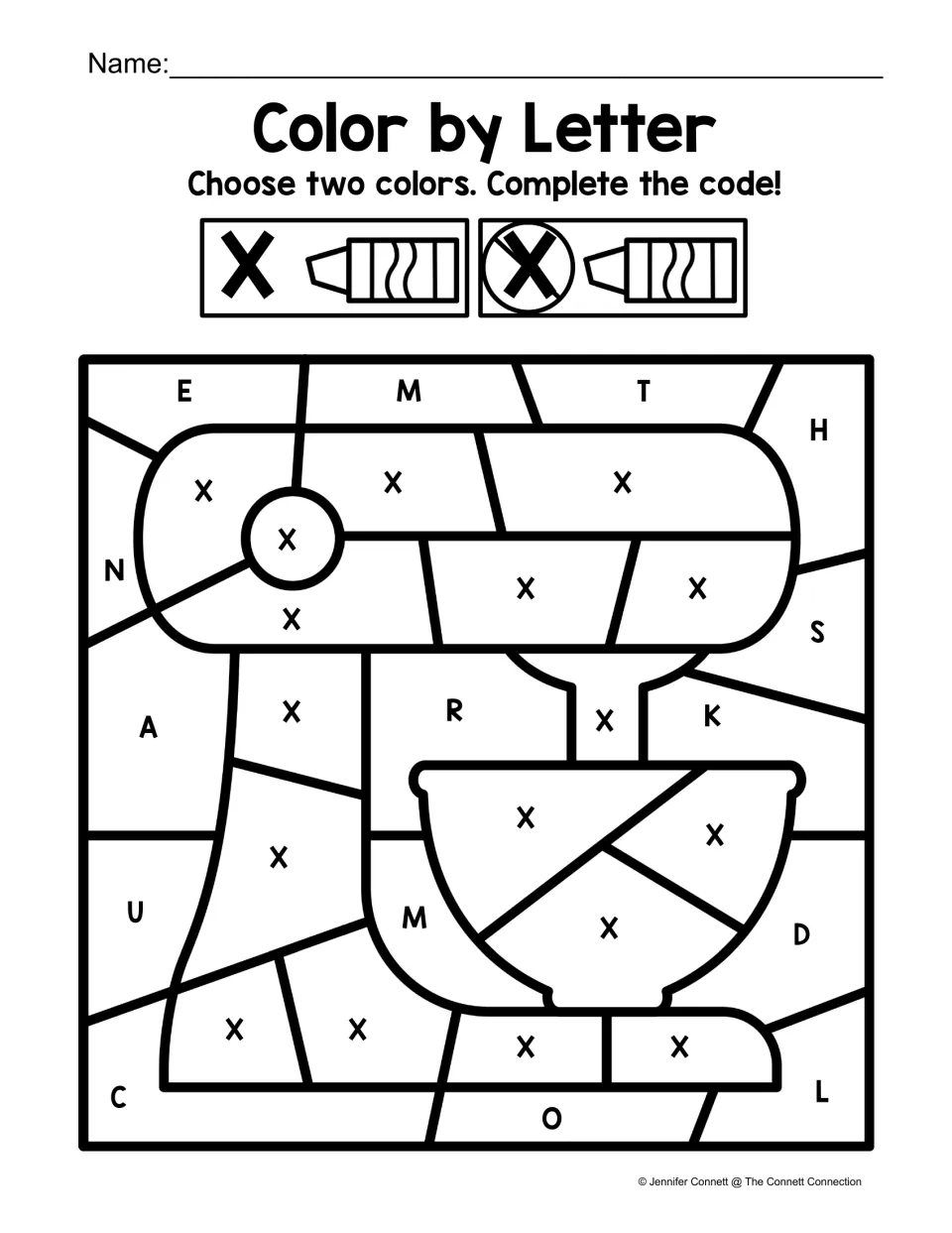 Letter X color-by-code worksheet featuring a stand mixer marked with X among other uppercase letters