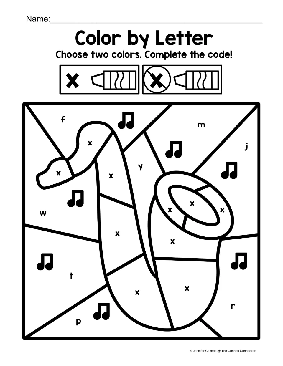 Letter x color-by-code worksheet featuring a saxophone marked with x among other lowercase letters