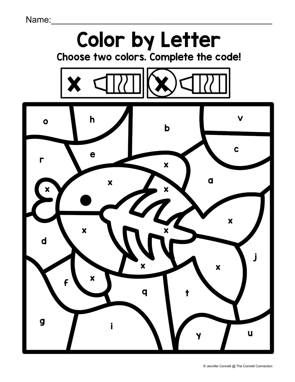 Letter x color-by-code worksheet featuring a fish with visible bones marked with x among other letters