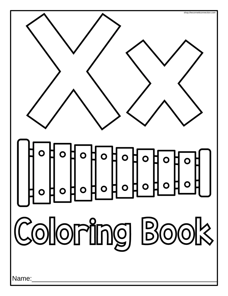 Letter X coloring book cover: outlined uppercase and lowercase Xx above a xylophone, with a name line for students