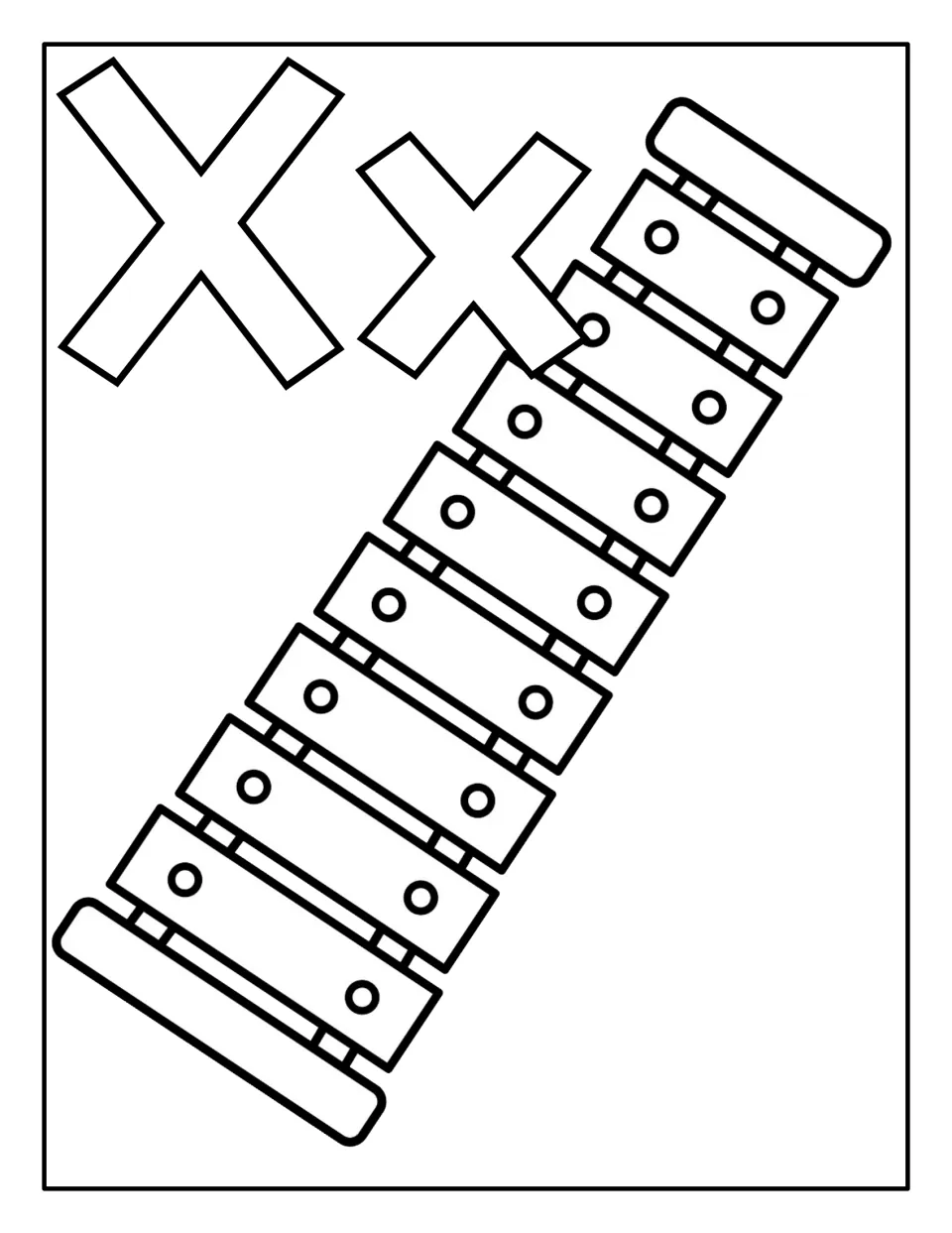 Letter Xx coloring page: students color a large tilted xylophone beside outlined uppercase and lowercase X letters