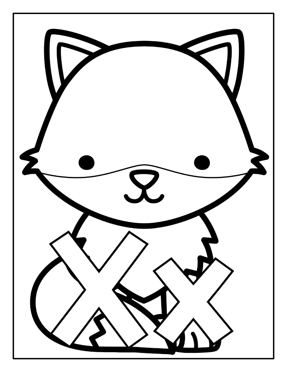 Letter Xx coloring page: students color a smiling sitting fox with outlined uppercase and lowercase X letters in front