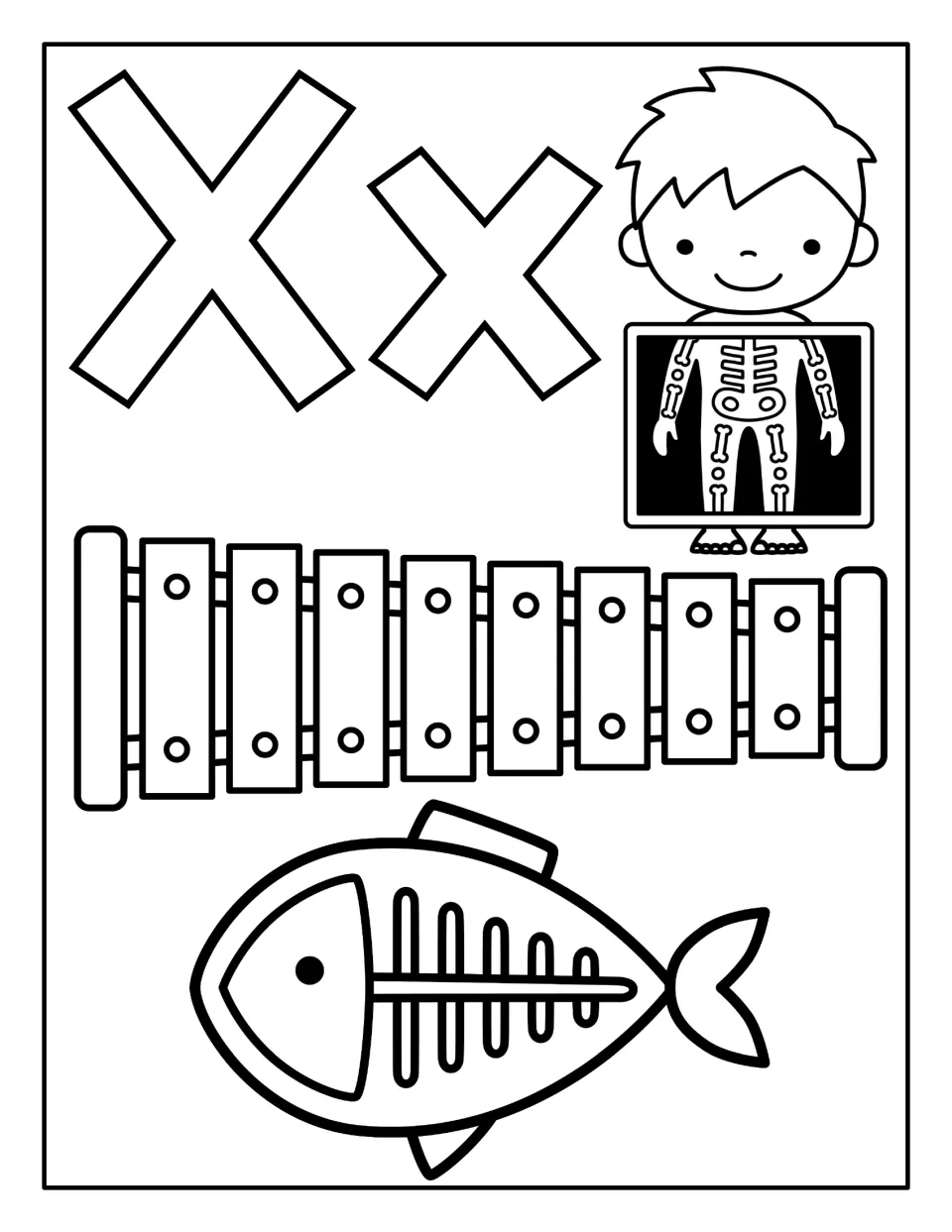 Letter X picture page: students color Xx, a child's X-ray, a xylophone and an X-ray fish skeleton