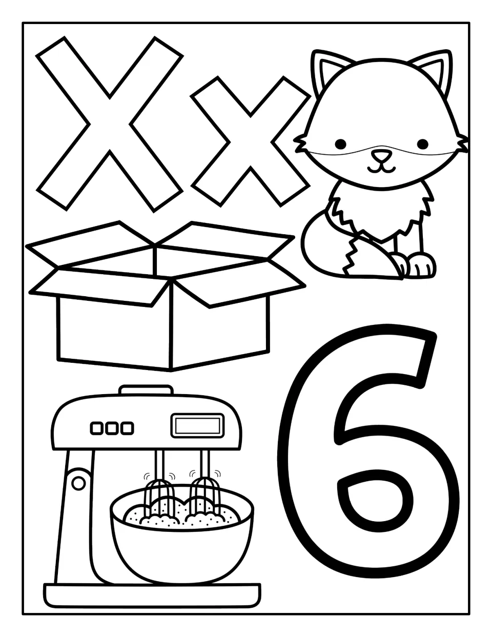 X in words: students color Xx beside a fox, an open box, a mixer and the number 6 (six), each word containing x