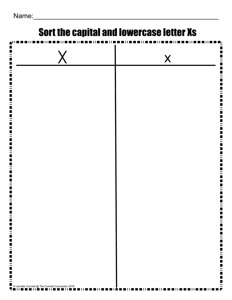 Capital and lowercase letter X sort: students place letters under an X heading or an x heading to tell the two cases apart