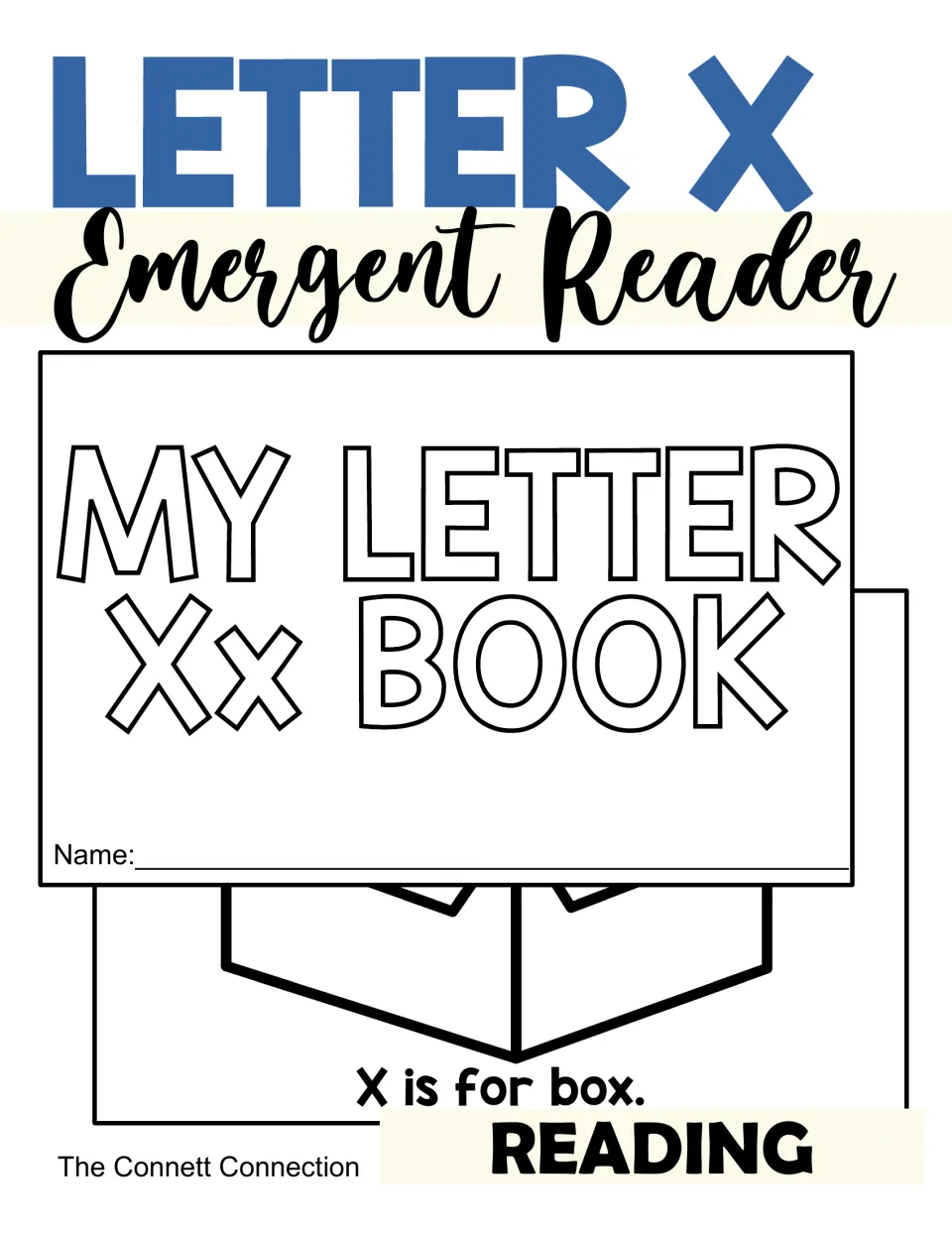 Letter X Emergent Reader cover showing the My Letter Xx Book title page with a name line and an open box: X is for box