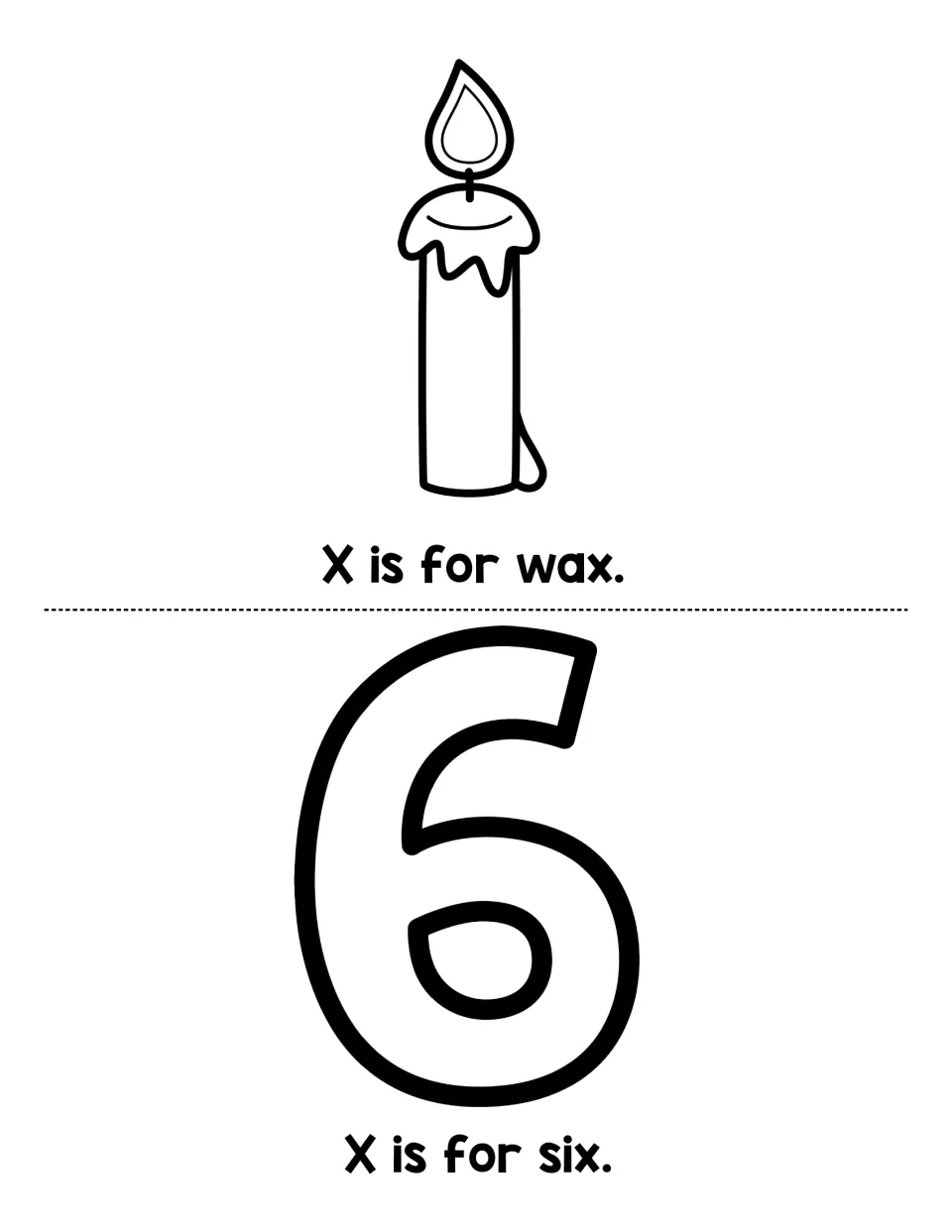 Ending x sound pages: children read X is for wax under a dripping candle and X is for six under a large outlined 6