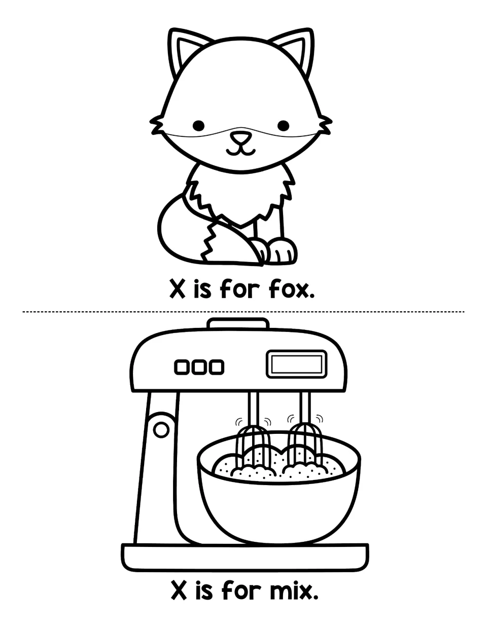 Letter X sound pages: children read X is for fox beside a sitting fox and X is for mix under a stand mixer and bowl