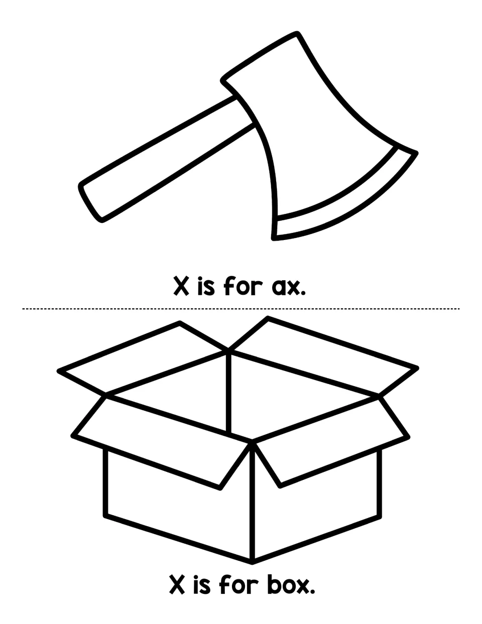 Final reader pages for letter x: children read X is for ax under an ax and X is for box under an open cardboard box
