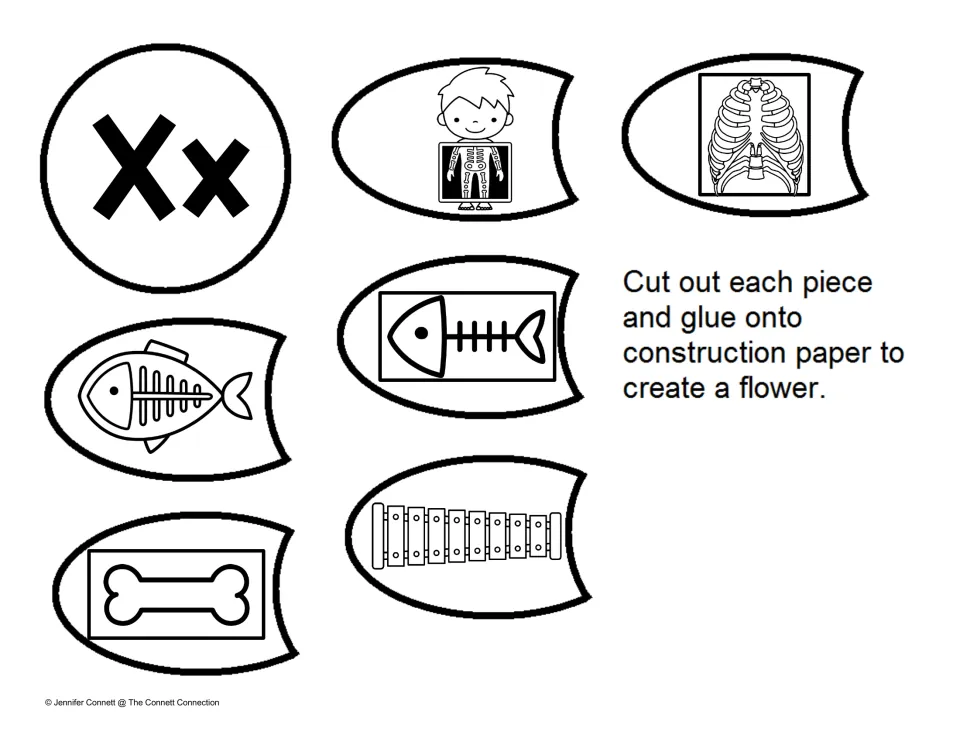 Letter X sounds: students cut out an Xx flower center and petals showing x-rays, a fish skeleton and a xylophone
