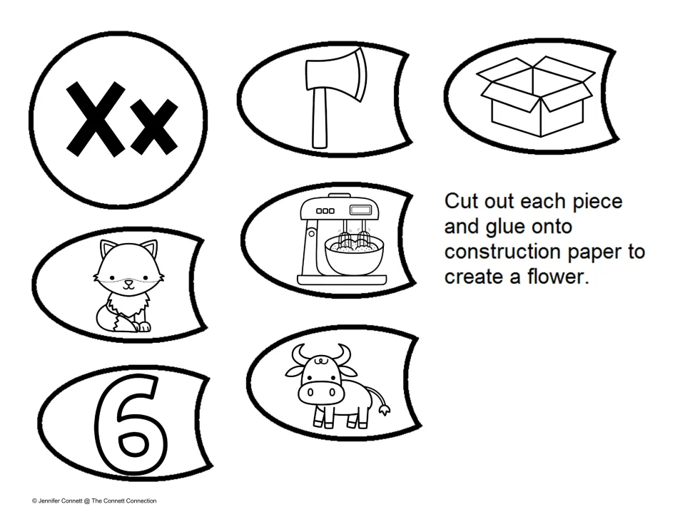 X sound words: students cut out an Xx center and petals picturing an ax, box, mixer, fox, six and ox to build a flower