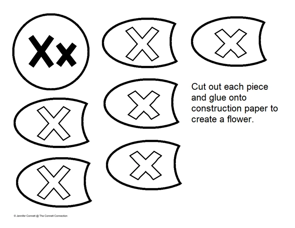 Letter X recognition: students cut out an Xx center and six petals with outlined capital X's to glue into a flower