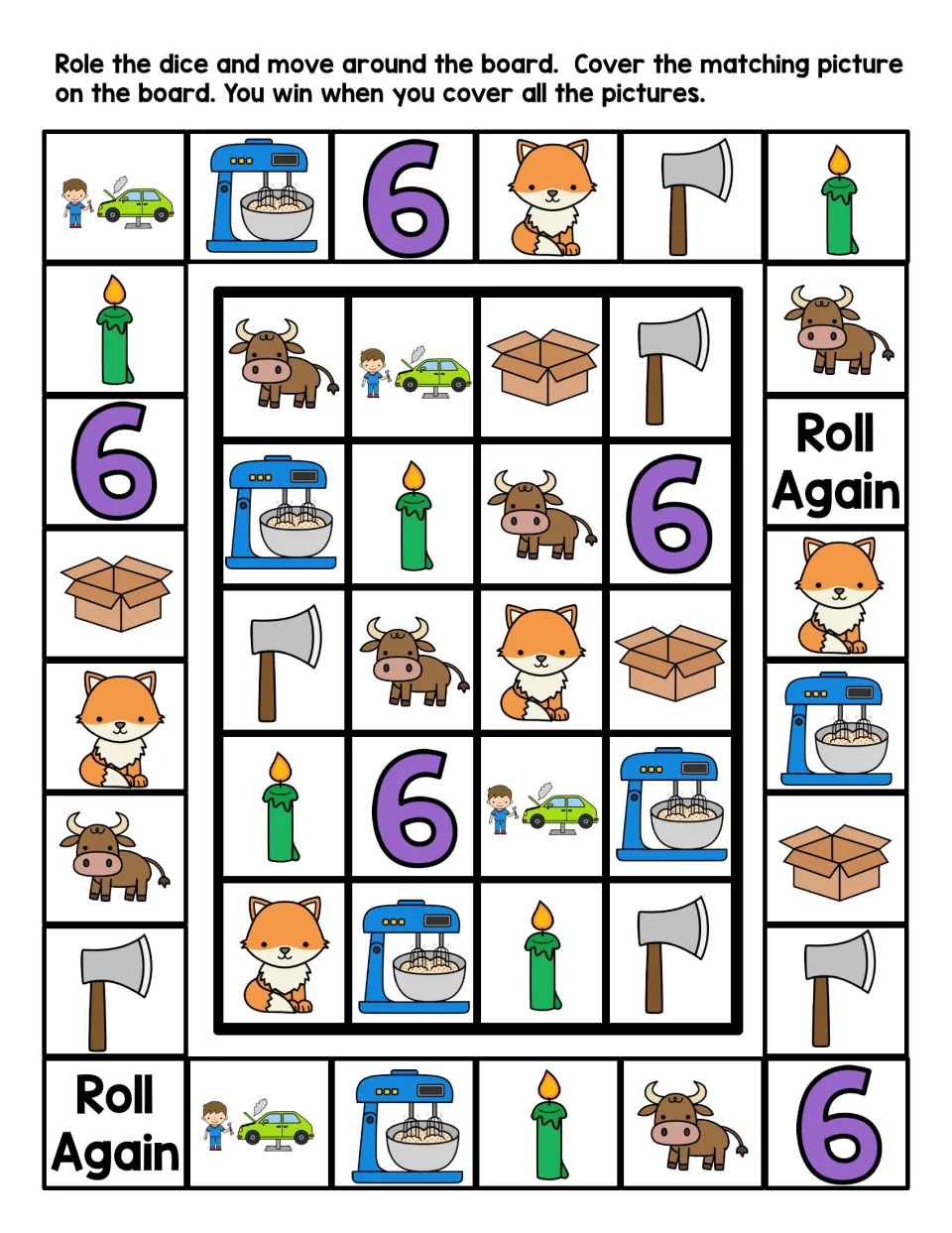 Letter x board game in color: students roll a die, move and cover matching x pictures such as fox, box, ox, ax and six