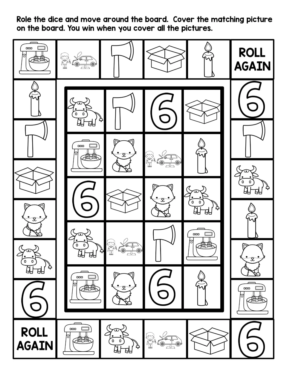 Black-and-white x sound game board: roll, move and cover the matching fox, box, ox, ax, mixer or six picture