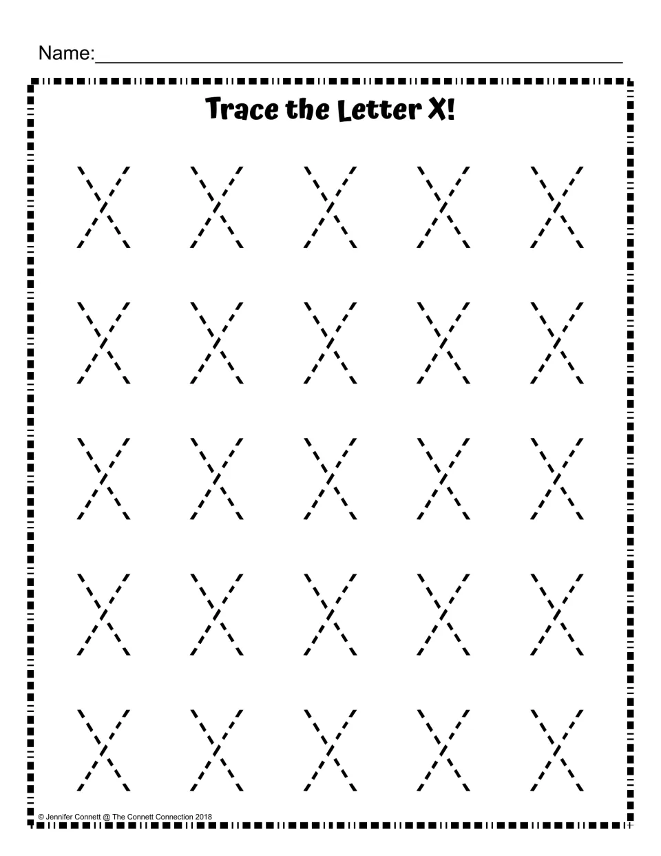 Trace the Letter X: students trace 25 dotted uppercase X letters to practise forming the capital letter X
