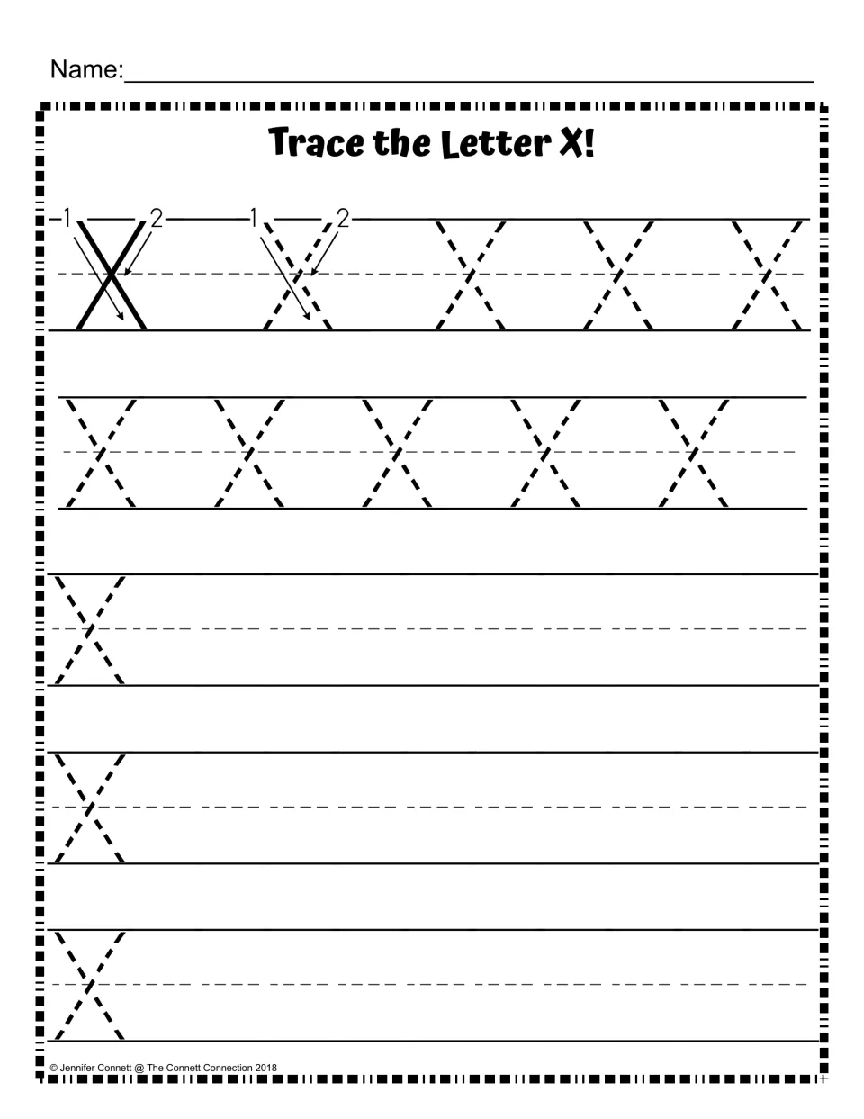 Uppercase X with numbered stroke arrows: students trace a model X and dotted rows, then write X on their own
