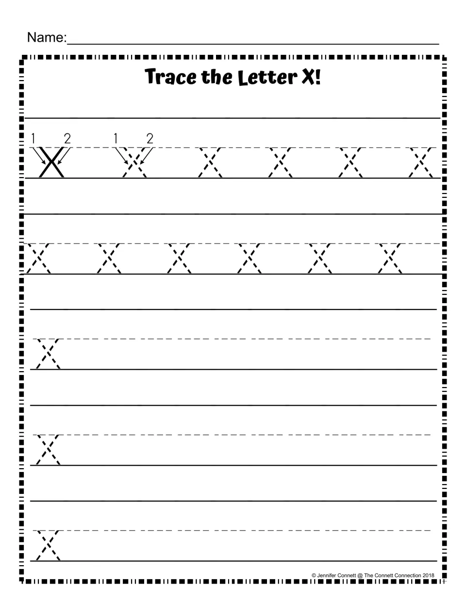 Lowercase x stroke order 1 and 2 shown with arrows: students trace dotted x rows, then write x independently