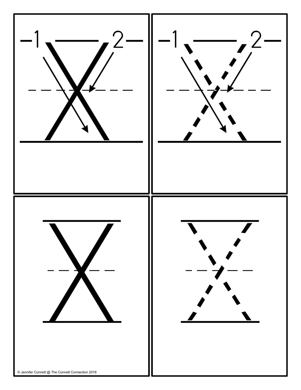 Uppercase X letter cards: a stroke-order model with arrows 1 and 2, a dotted X to trace and a solid model X