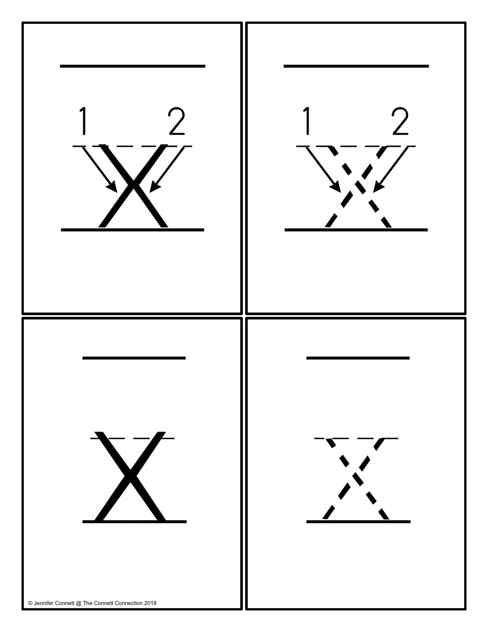 Lowercase x letter cards: numbered stroke arrows showing how to form x, a solid model x and a dotted x to trace