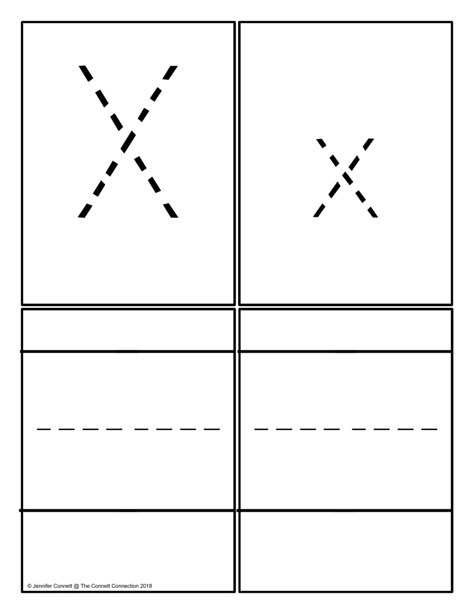Letter X tracing cards: a large dotted uppercase X, a dotted lowercase x and two blank writing cards for free practice
