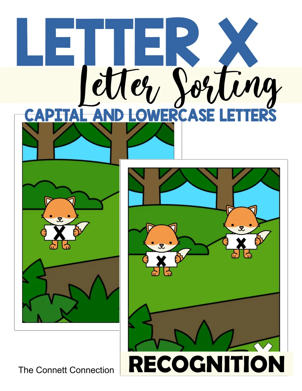 Letter X Letter Sorting cover: capital and lowercase recognition, with foxes holding X and x cards on forest sorting mats