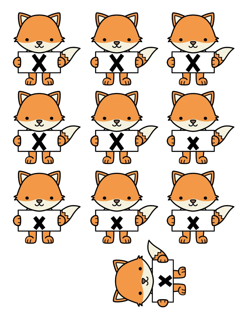 Fox sorting cards: 10 cut-out foxes, 5 holding a capital X sign and 5 holding a lowercase x sign, for case recognition
