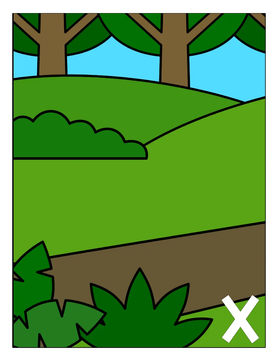 Capital X sorting mat: a forest scene marked with a capital X where students place every fox card holding an uppercase X