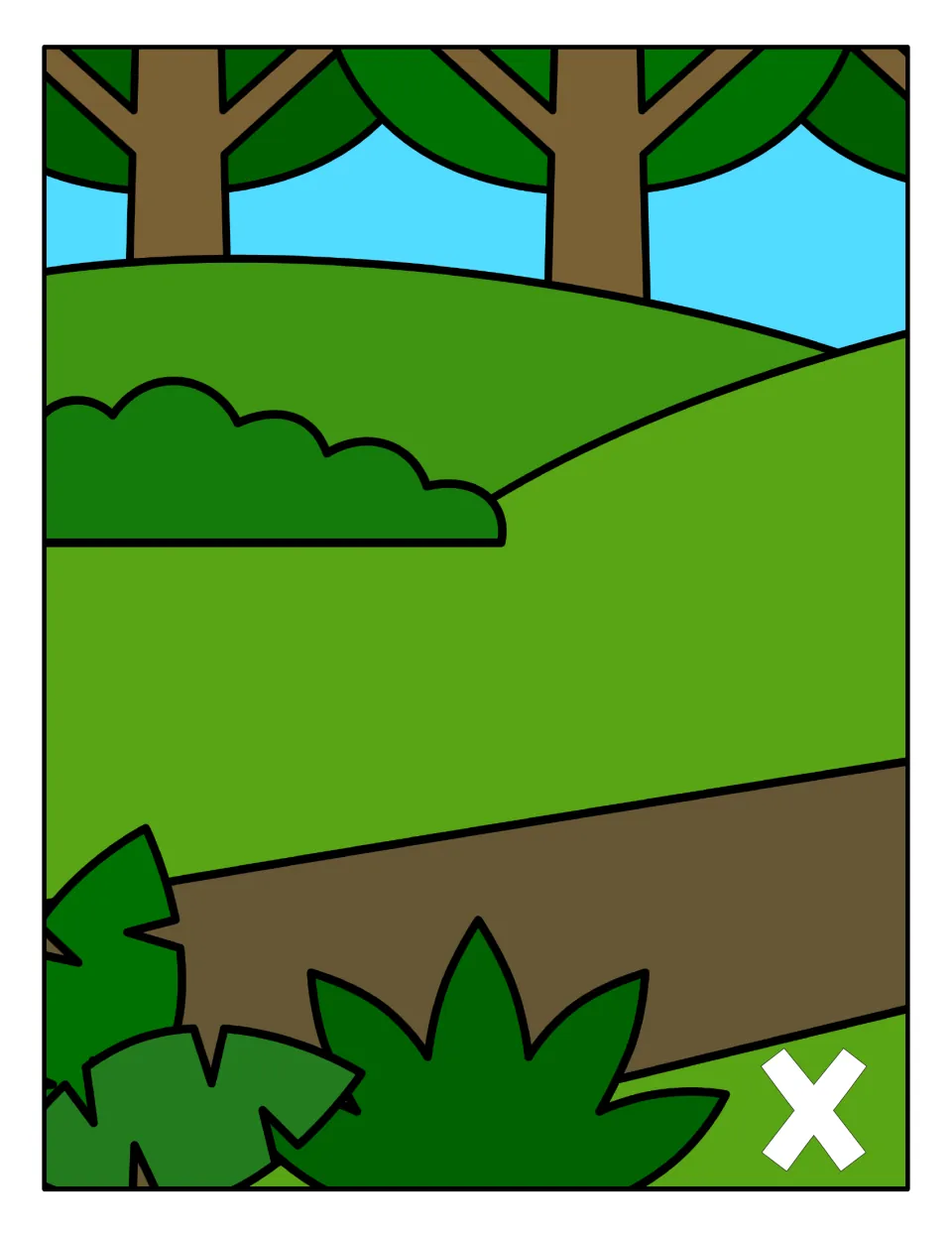 Lowercase x sorting mat: a forest scene marked with a small x where students place the fox cards showing lowercase x