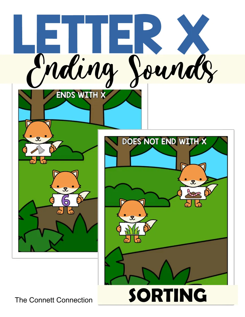 Letter X ending sounds sorting cover: foxes hold picture cards on two forest mats, Ends With X and Does Not End With X