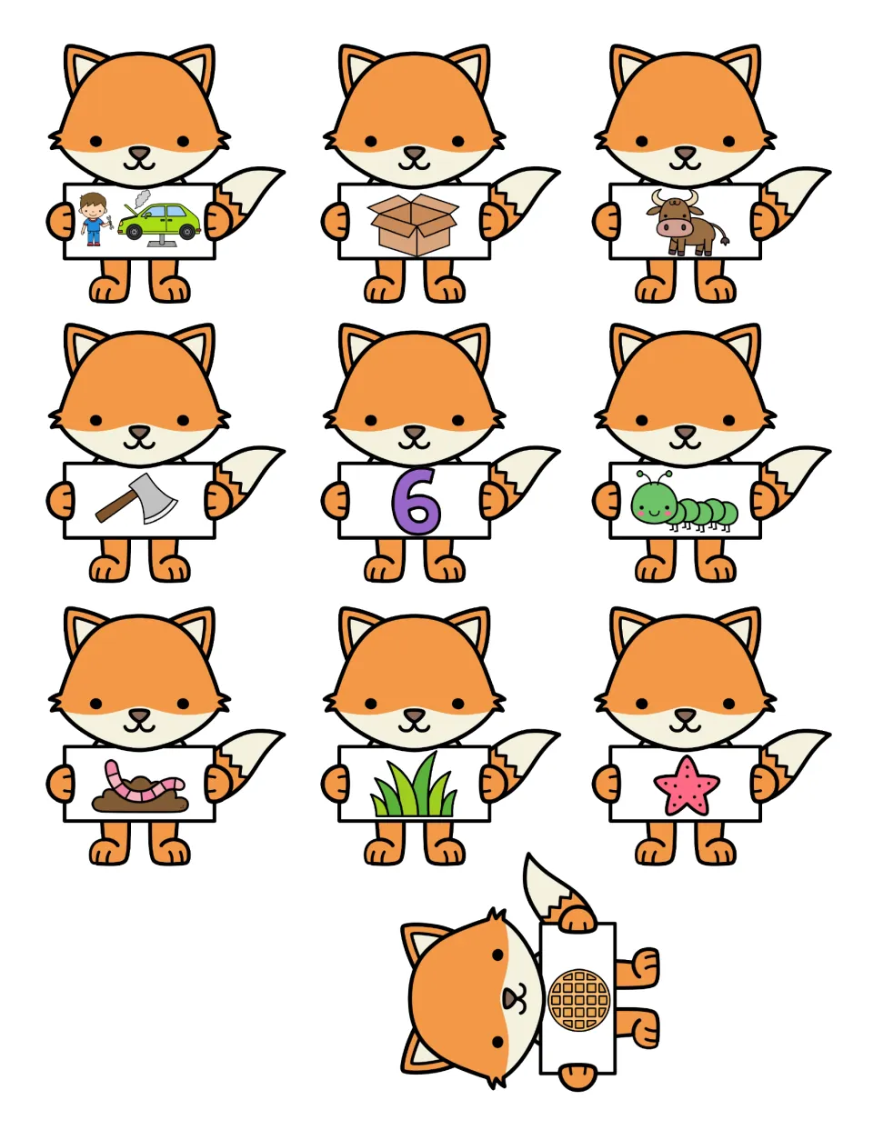 Ending sound picture cards: 10 foxes hold pictures such as box, ox, ax, six, grass and starfish for students to cut out