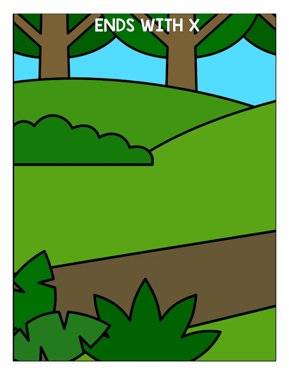 Ends With X sorting mat: a forest scene where students place the picture cards whose names end with the /ks/ sound