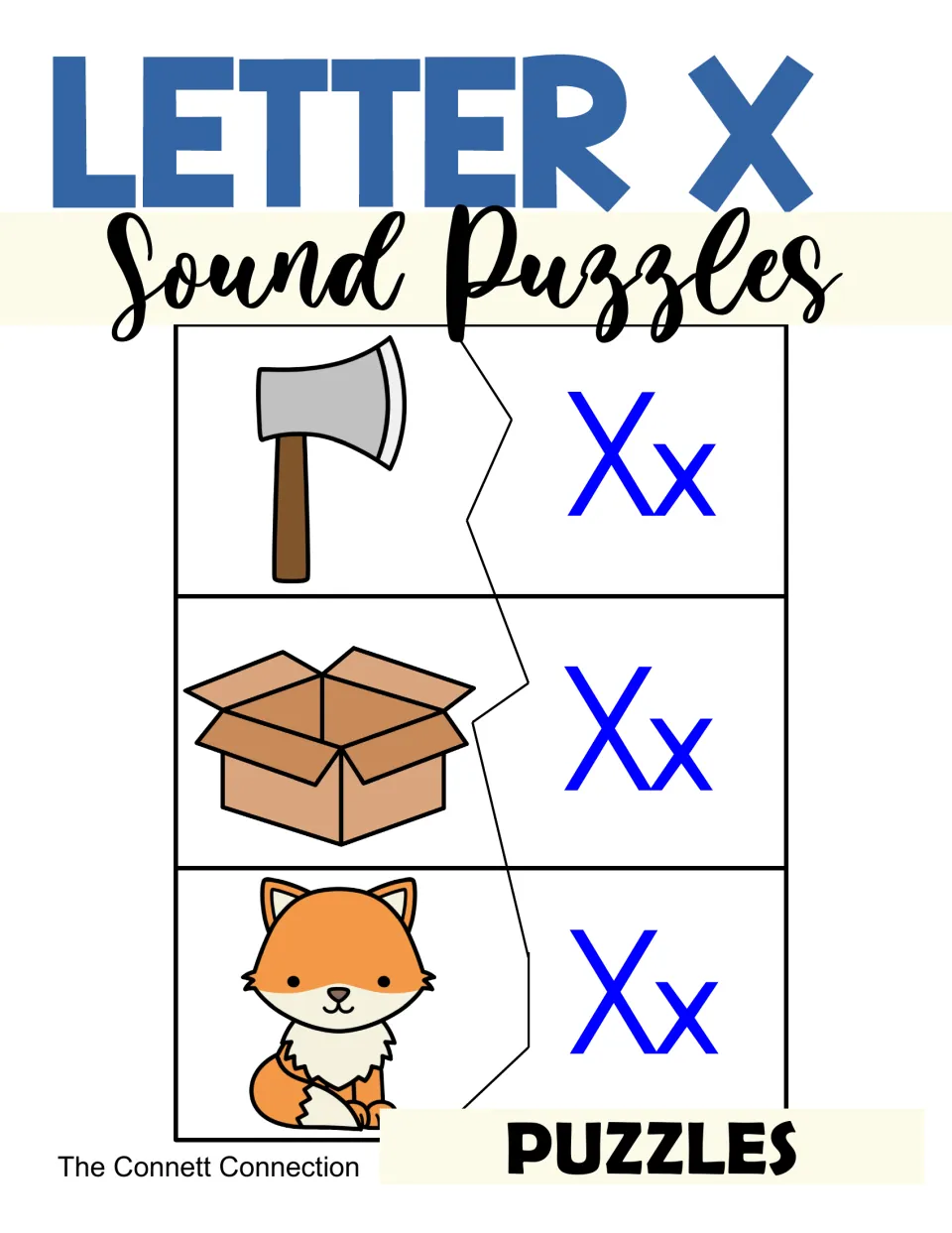 Letter X sound puzzles cover: two-piece puzzles that match pictures of an ax, box and fox to the letter Xx