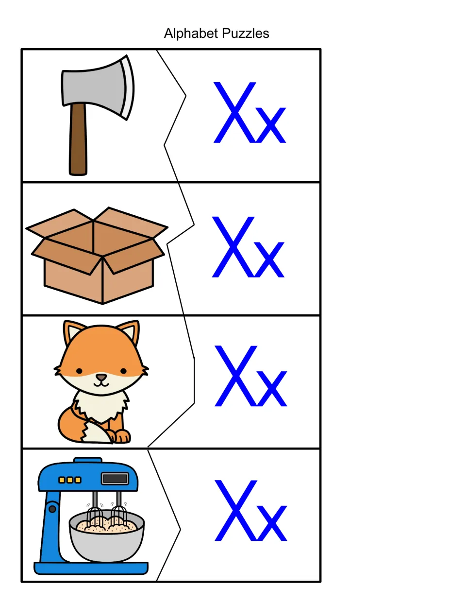 Alphabet Puzzles, x sound: students cut and join picture halves of ax, box, fox and mixer to Xx halves