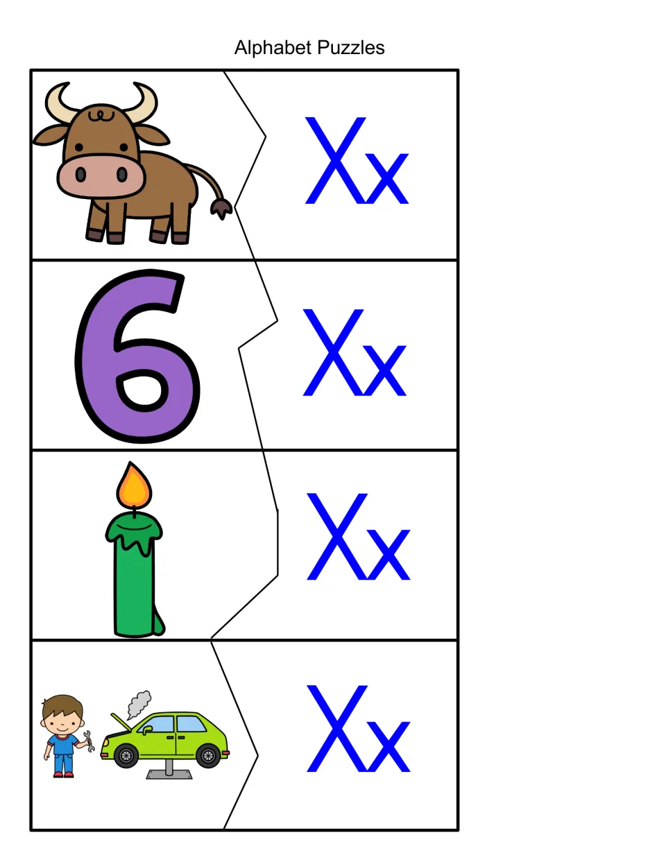X sound puzzles: students match pictures of an ox, the number six, a wax candle and a mechanic fixing a car to Xx