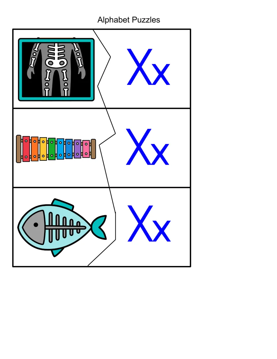 Beginning x sound puzzles: students cut apart and match an x-ray, xylophone and x-ray fish pictures to Xx halves