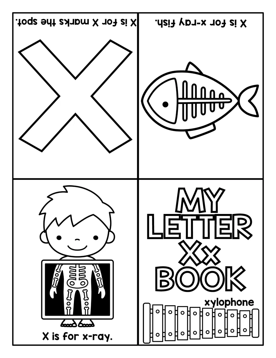 Letter X beginning sounds: printable mini book pages for x-ray, x-ray fish and X marks the spot, with a xylophone cover