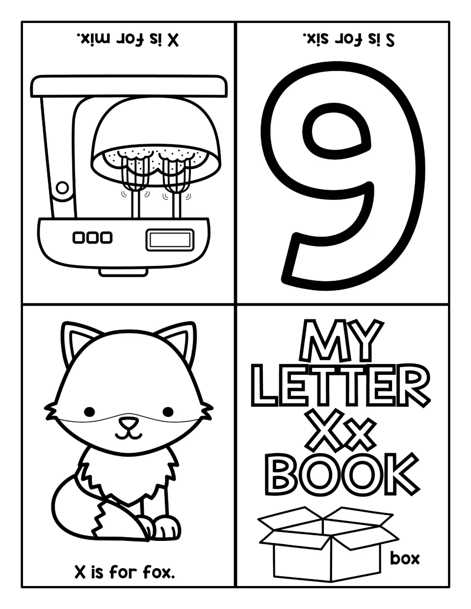 Ending X sound mini book: pages for fox, six and mix, and a cover showing a box, so students hear x at the end of words