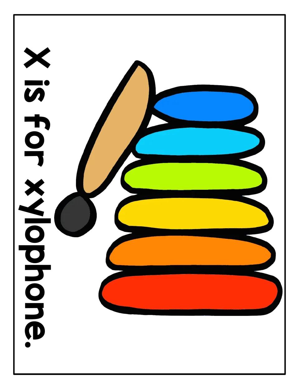 X is for xylophone: students press playdough onto a six-bar rainbow xylophone and mallet to practise letter X