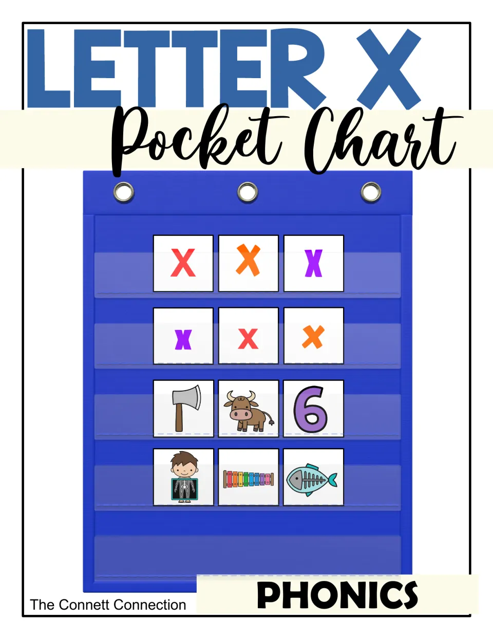 Letter X Pocket Chart cover: phonics cards with colorful X and x letters plus ax, ox, six, x-ray and xylophone pictures