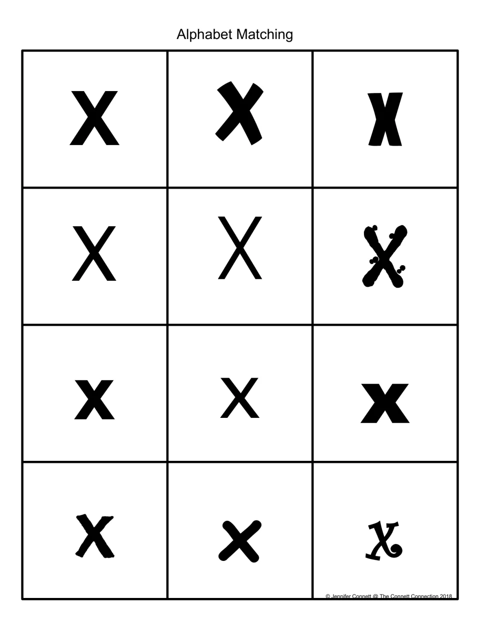 Alphabet matching: 12 black X and x cards in varied fonts for students to match uppercase and lowercase forms