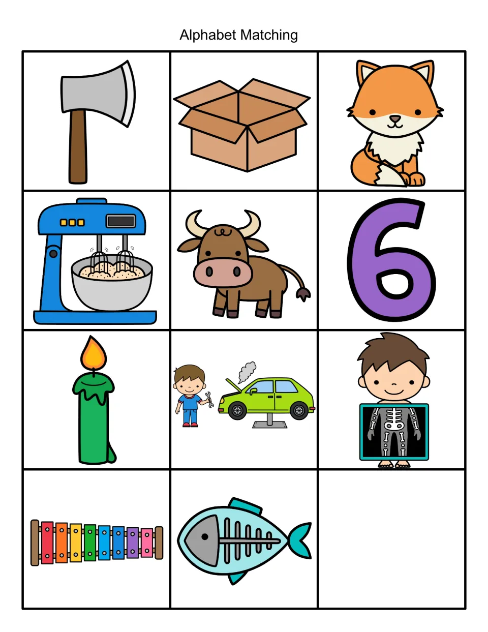 Alphabet matching pictures for letter X: ax, box, fox, mixer, ox, six, candle, x-ray, xylophone and fish bones