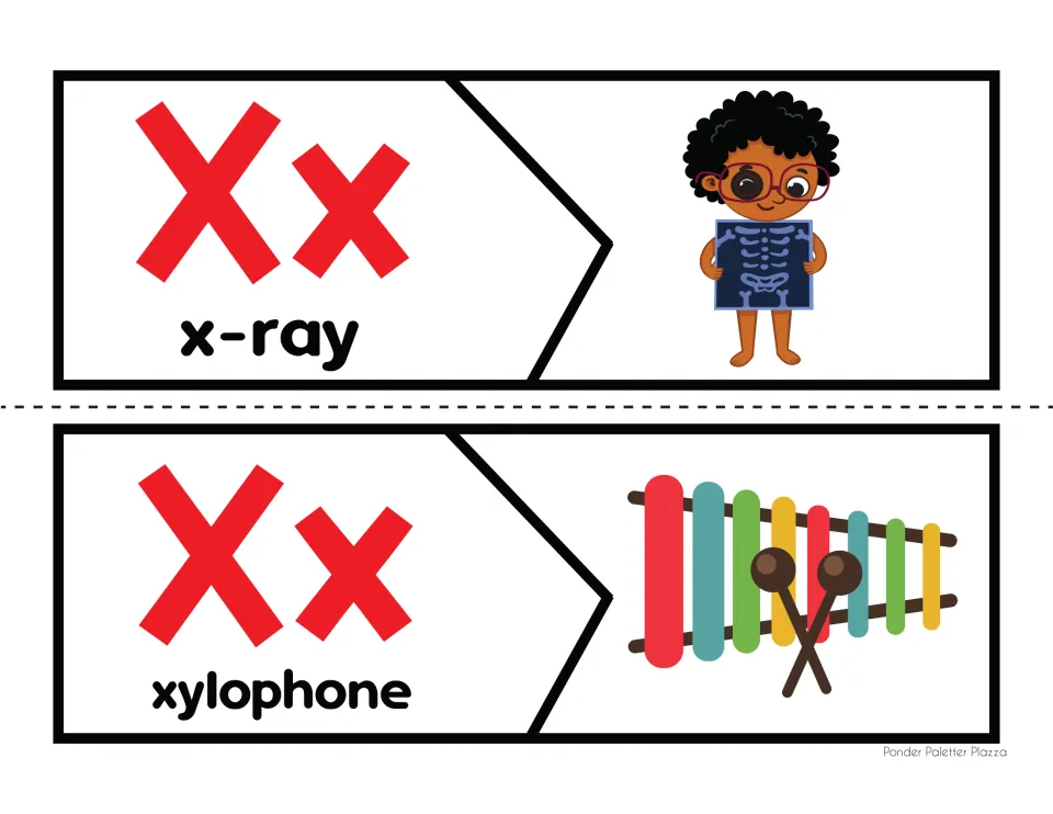 Letter X beginning sound puzzles: students cut and match Xx word pieces for x-ray and xylophone to their pictures