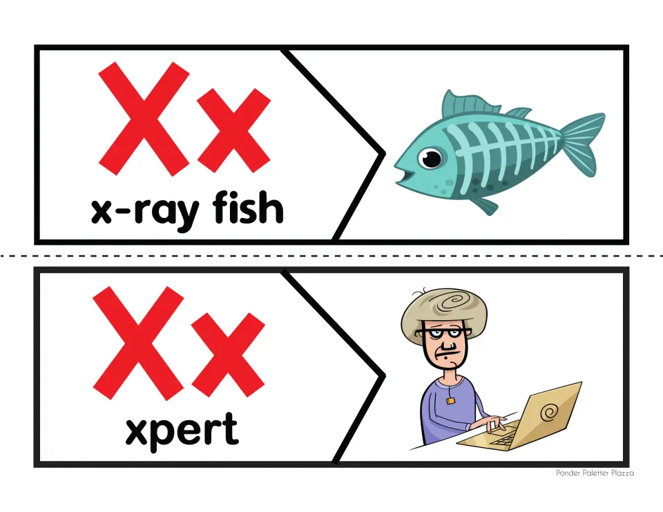 Xx picture-word puzzles: students join the pieces for x-ray fish and xpert with a see-through fish and a man at a laptop