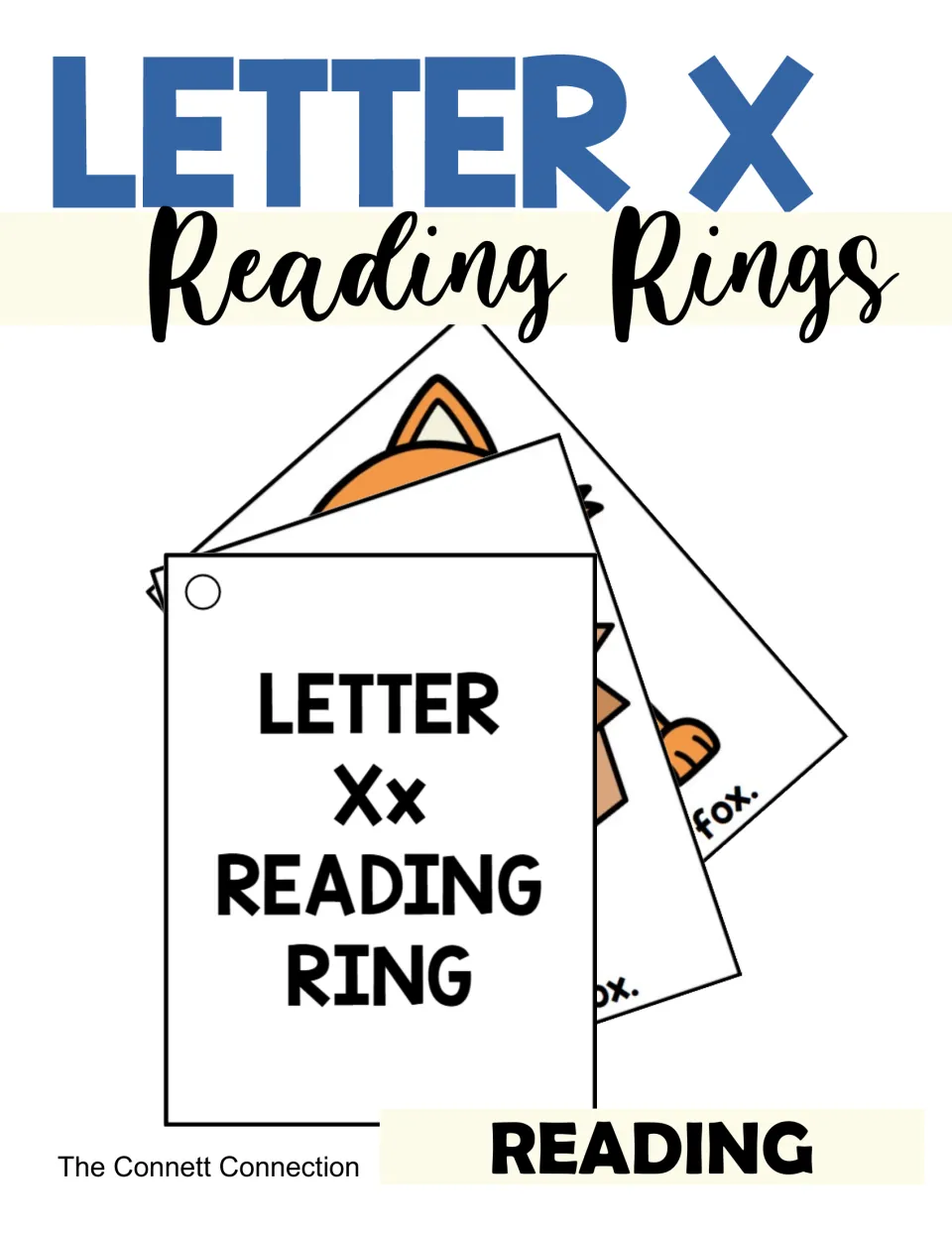 Letter X Reading Rings cover showing sample ring cards, including the Xx cover card and a fox card